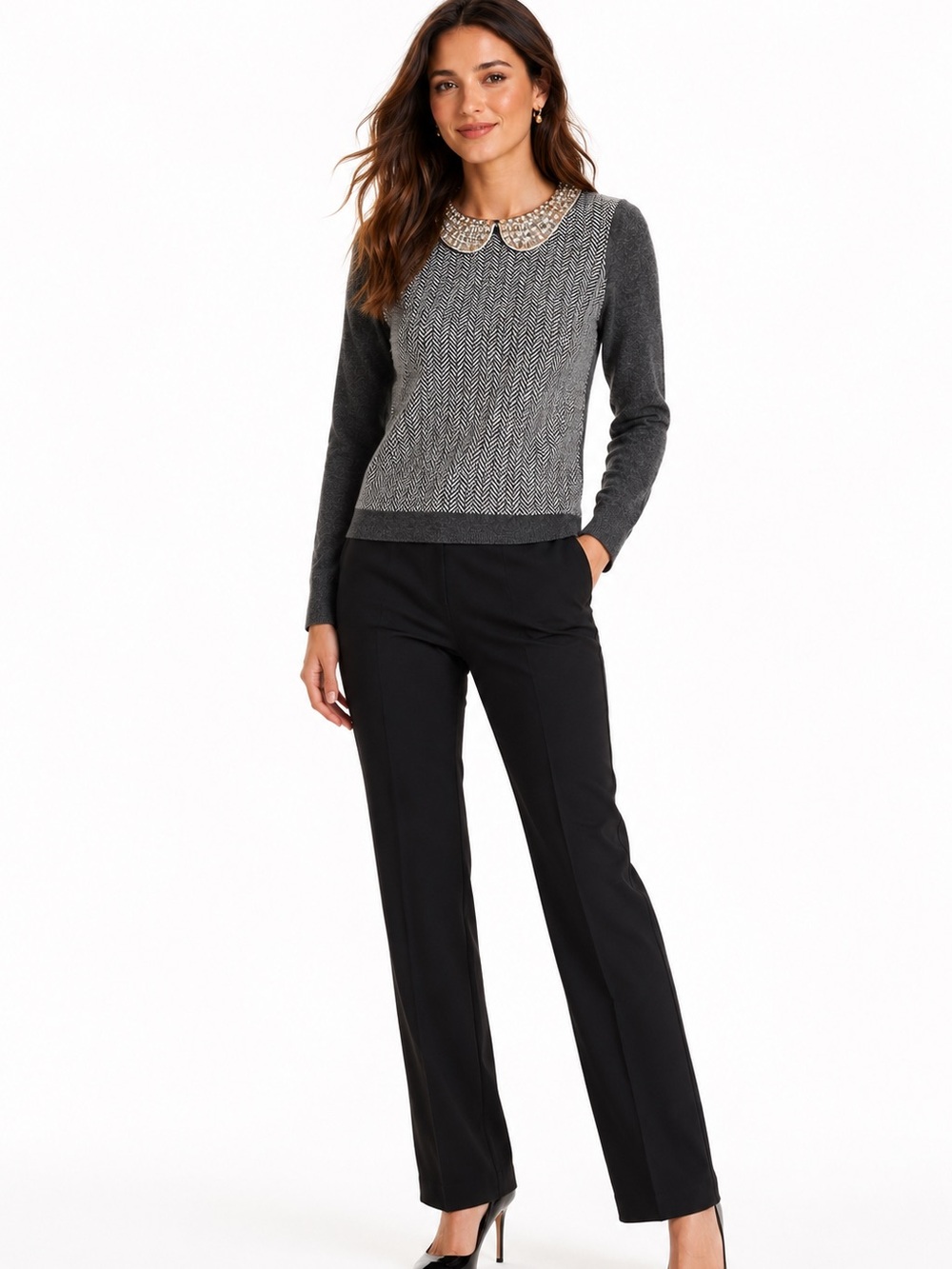 J.Crew XS Jeweled Collar Herringbone Merino Wool Blend Sweater Gray